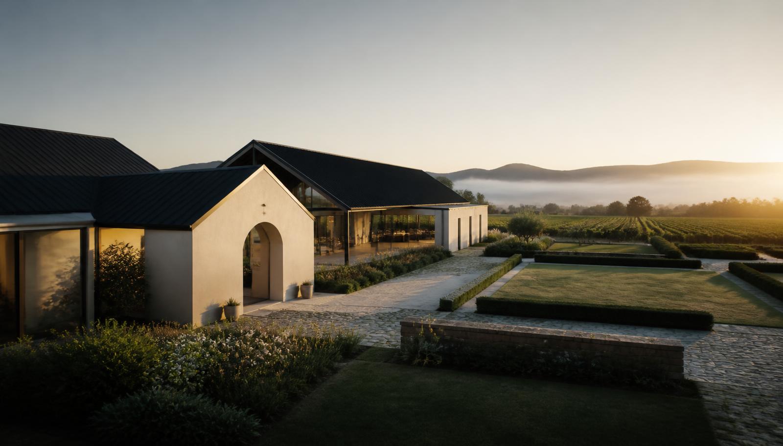 Fazenda contemporânea minimalista ao amanhecer com névoa sobre os campos
