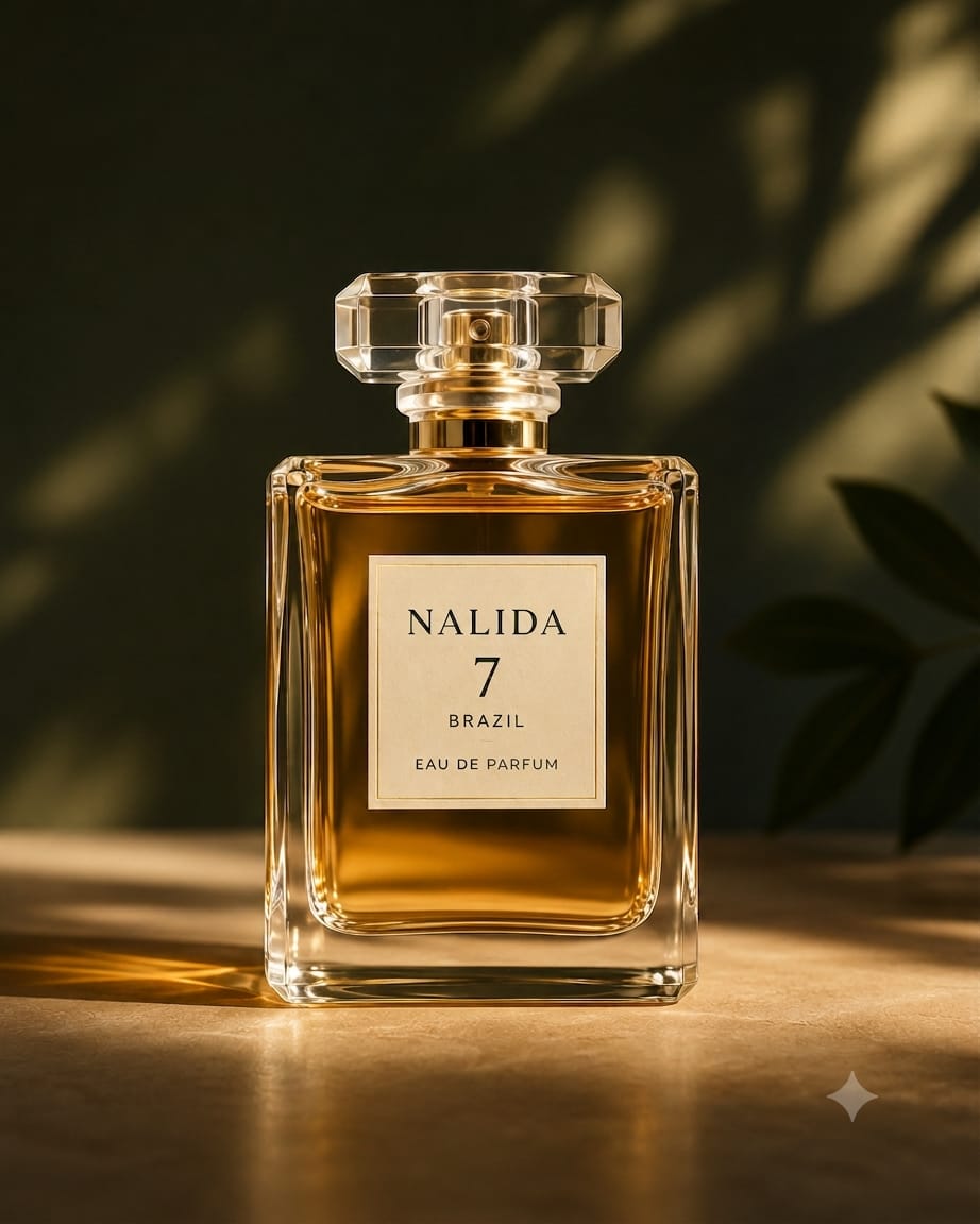 Frasco Nalida Eau de Parfum em cristal com tampa dourada, iluminação cinematográfica